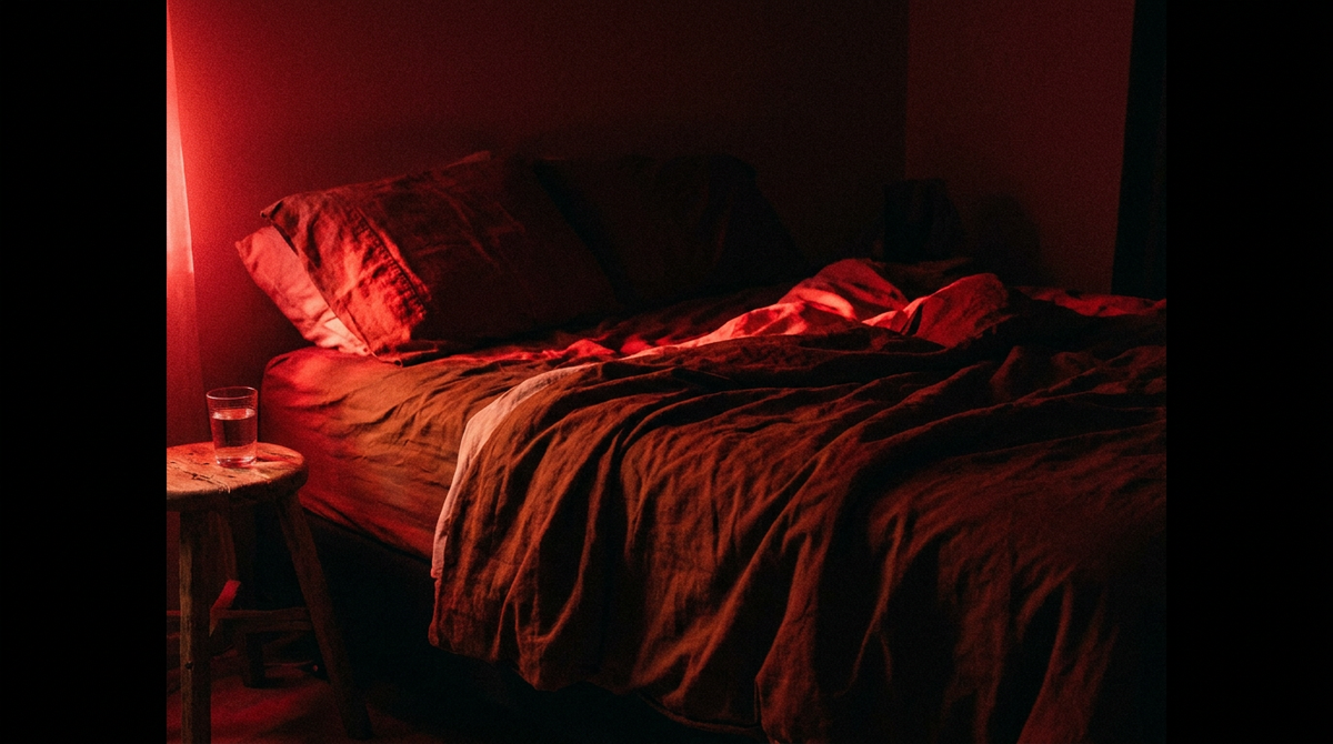 Donkere slaapkamer badend in diep rood licht met linnen beddengoed en een glas water