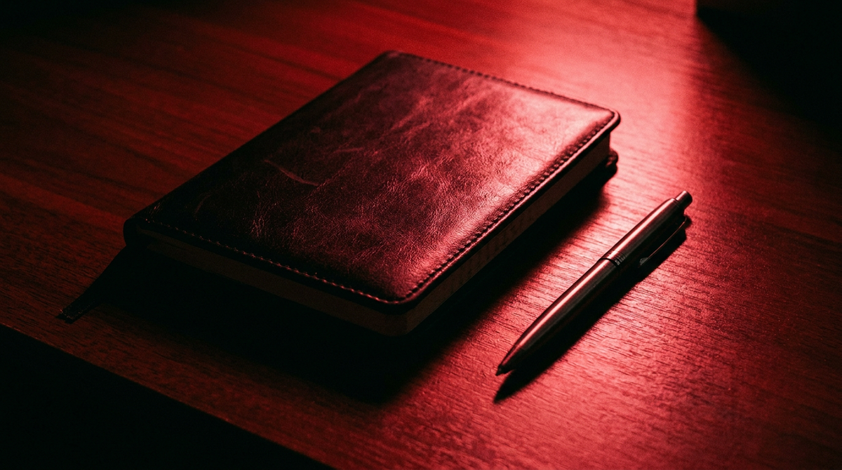 Notitieboek en pen op een donker bureau met rood strijklicht, klaar om specificaties van een roodlicht paneel na te trekken