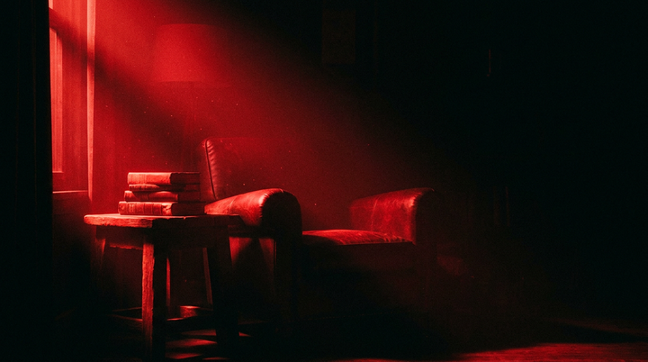 Rustige leeshoek met fauteuil en boeken in rood licht