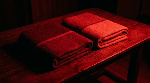 Twee opgevouwen dekens naast elkaar op een donkere tafel in diep rood licht