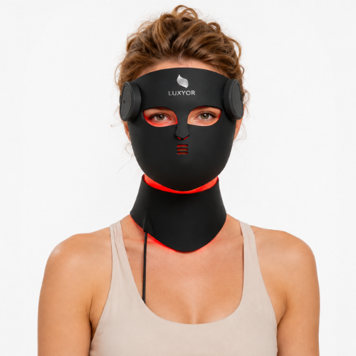 Luxyor RedLight Masker - LED Gezichtsmasker en Nekband  Lichttherapie met Rood, Blauw, Groen en Infrarood Licht Draadloos