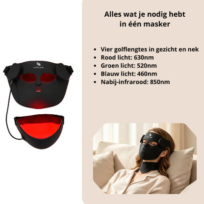 Luxyor RedLight Masker - LED Gezichtsmasker en Nekband  Lichttherapie met Rood, Blauw, Groen en Infrarood Licht Draadloos