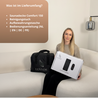 Lieferumfang Luxyor Comfort 150: Saunadecke, Reinigungstuch, Aufbewahrungstasche und Anleitung