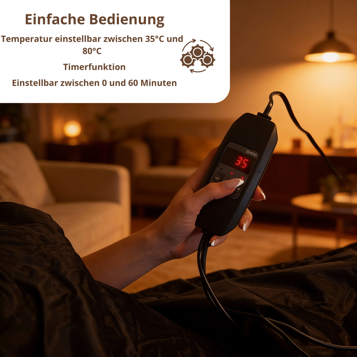Bedienung der Luxyor Comfort 150: Temperatur 35 bis 80 Grad und Timer bis 60 Minuten