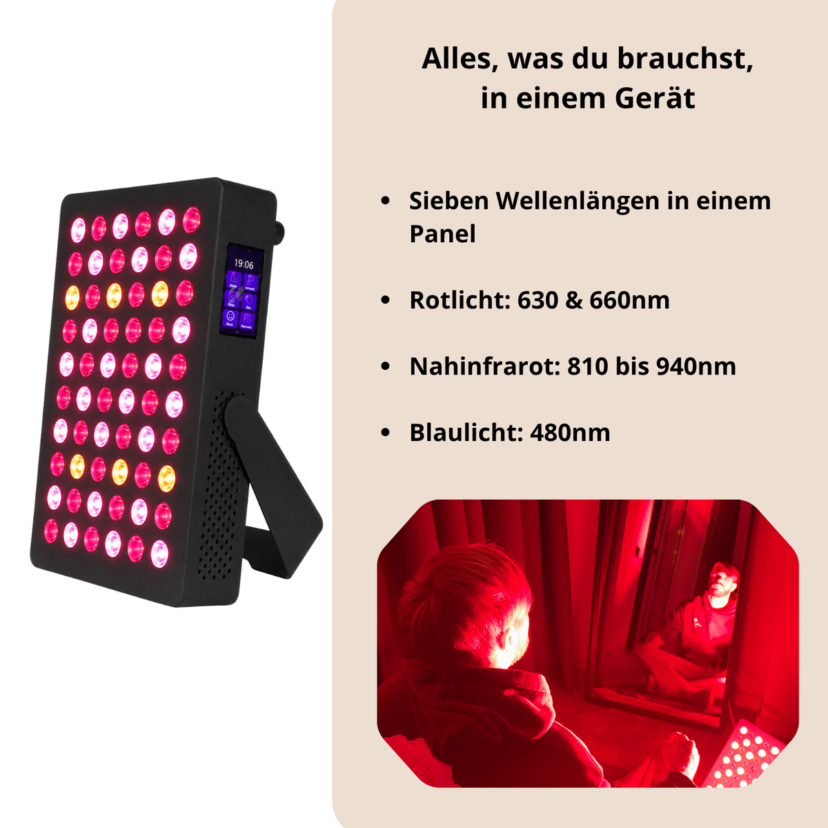 Luxyor Lumi 110 schwarz Rotlichtpanel: Rotlicht 630 und 660 nm, Nahinfrarot 810 bis 940 nm, Blaulicht 480 nm