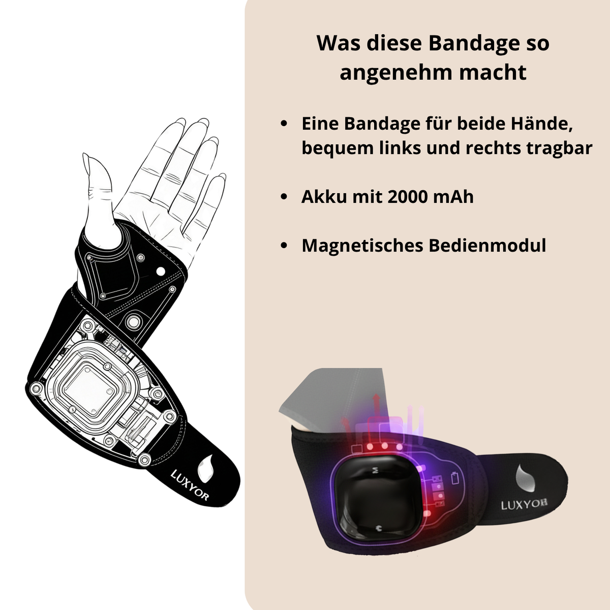Pulsebrace 110 für links und rechts, Akku mit 2000 mAh und magnetisches Bedienmodul
