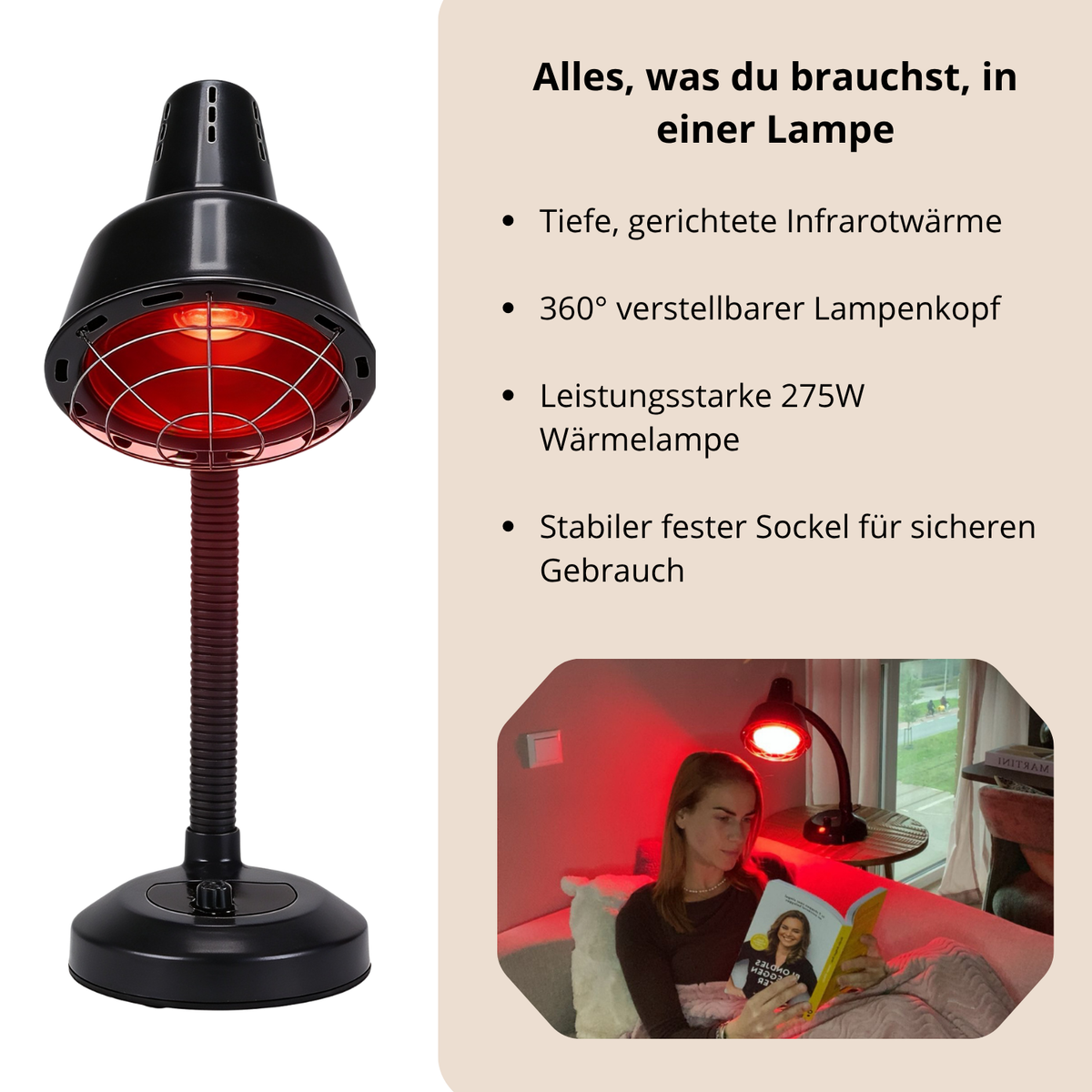 Luxyor Redlight 120 schwarz 275W Infrarotlampe mit 360 Grad verstellbarem Lampenkopf