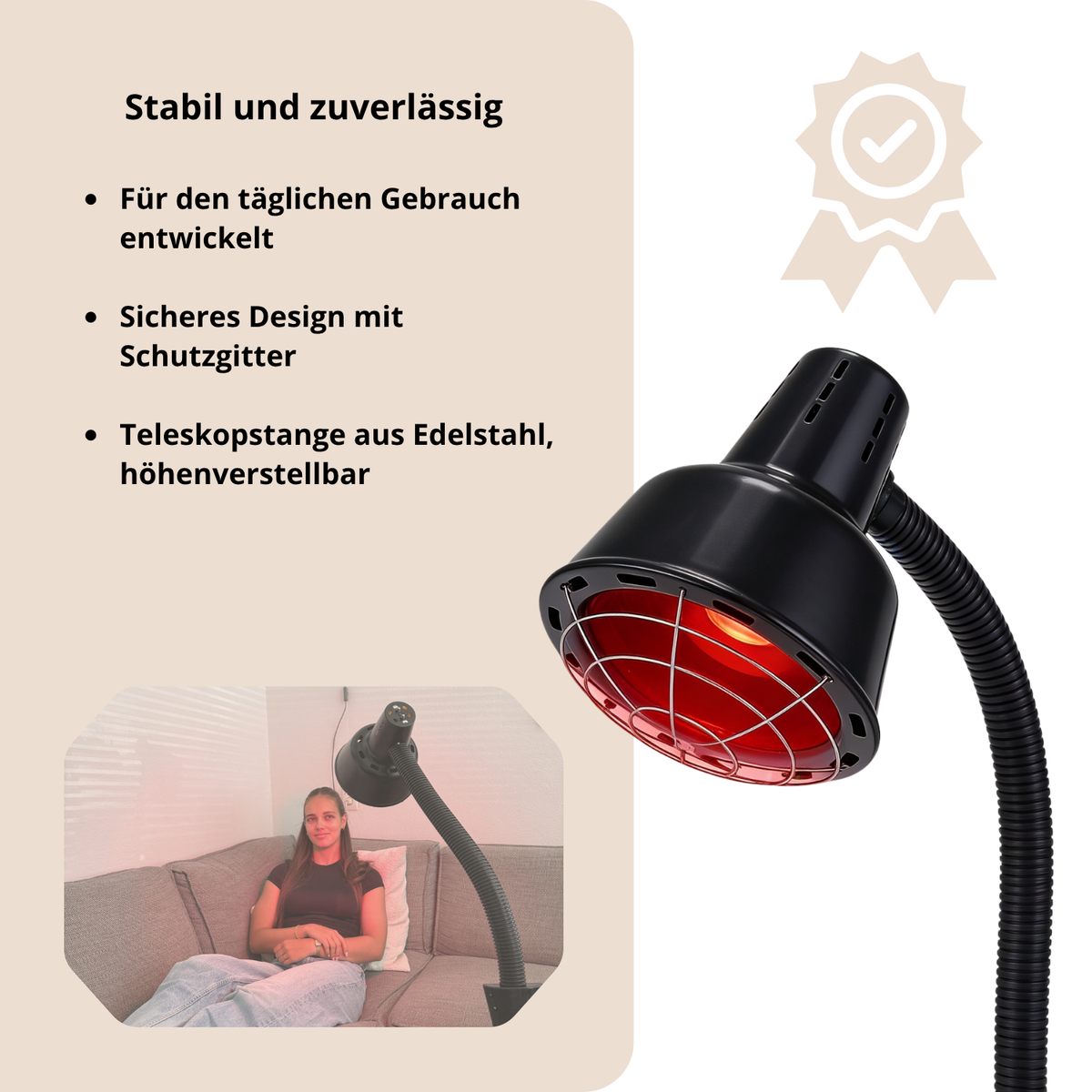 Redlight 160 Infrarotlampe stabil und zuverlässig mit Schutzgitter und höhenverstellbarer Teleskopstange aus Edelstahl