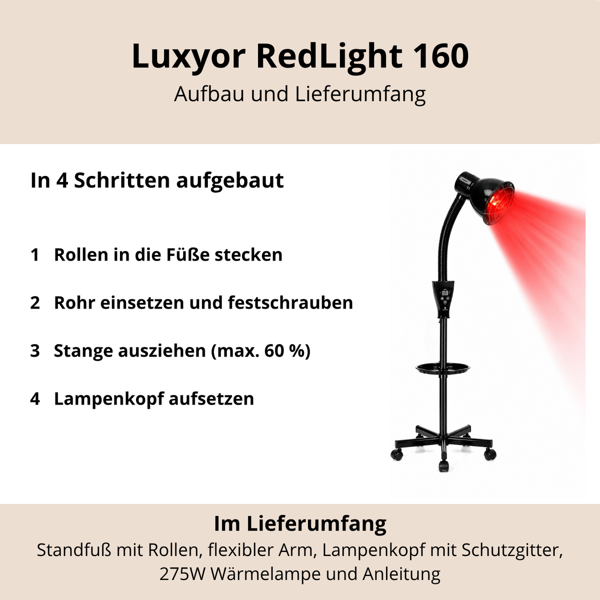 Luxyor RedLight 160 Aufbau in 4 Schritten und Lieferumfang mit Standfuß, Arm, Lampenkopf, 275 W Wärmelampe und Anleitung