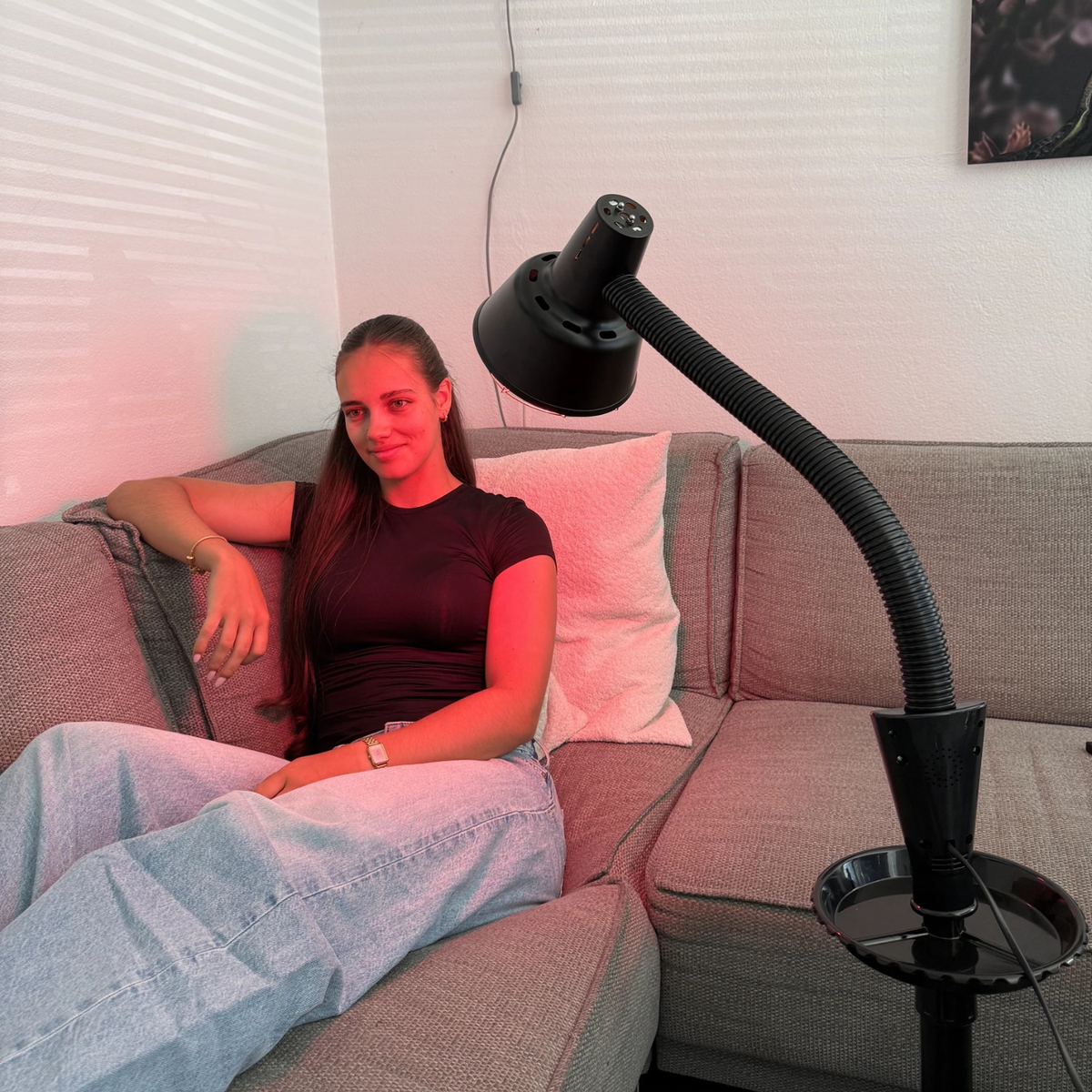 Redlight 160 Infrarotlampe auf dem Stativ neben dem Sofa im Wohnzimmer