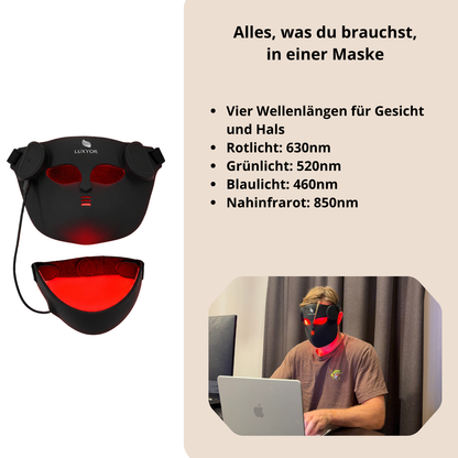 Luxyor RedLight Maske für Gesicht und Hals: Rotlicht 630 nm, Grünlicht 520 nm, Blaulicht 460 nm, Nahinfrarot 850 nm